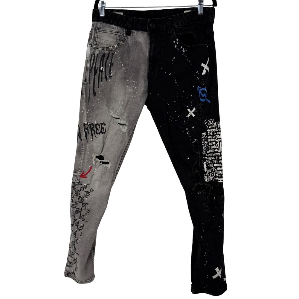 Smoke Rise Split Two Tone Jeans Paint Splatter Distressed Mens 32x32 (32x30)